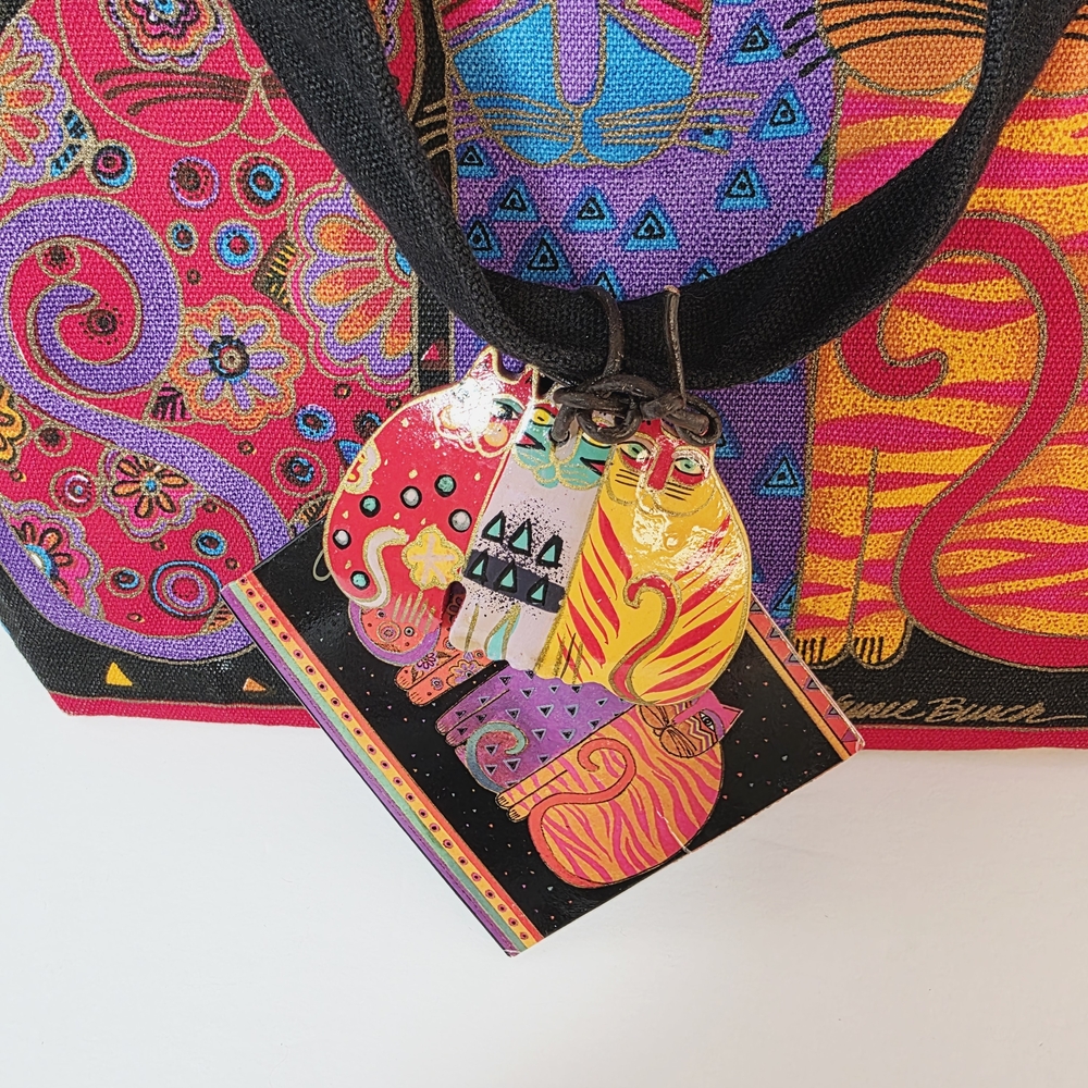 Laurel Burch Canvas Cat Tote Bag Colorful Art Print Hand Bag - Picture 3 of 15
